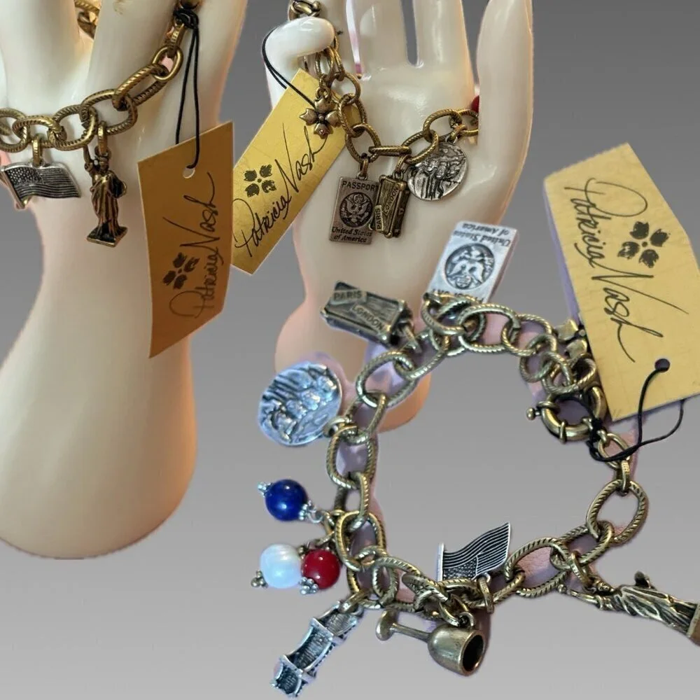 Patrica Nash Antique Gold USA & UK Travel Charm Etched Metal Chain Link Bracelet